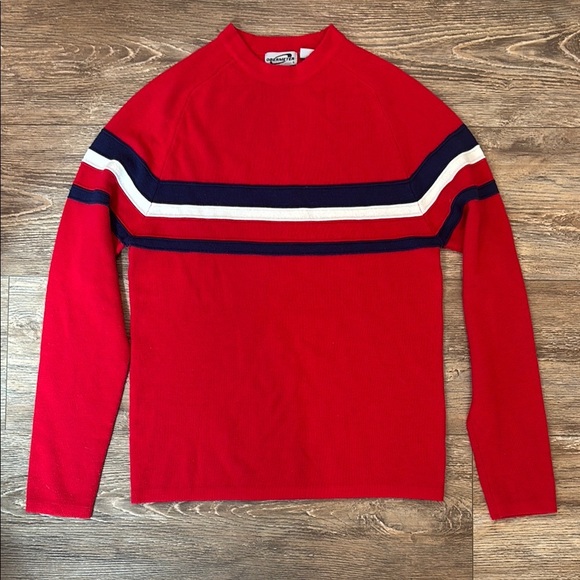 Obermeyer Men's Size Medium Red Black/Dark Navy and White Striped Sweater - Picture 2 of 14